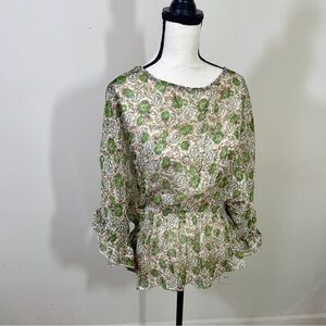 Cream Floral Peplum Blouse with Ruffled Sleeves